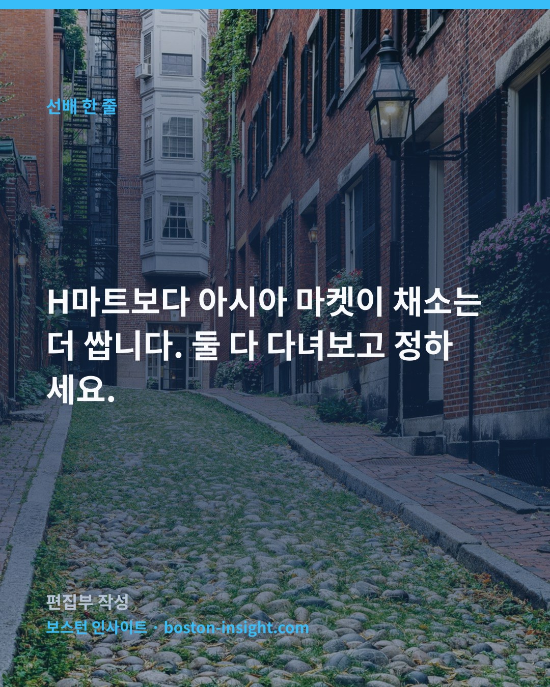 H마트보다 아시아 마켓이 채소는 더 쌉니다. 둘 다 다녀보고 정하세요.