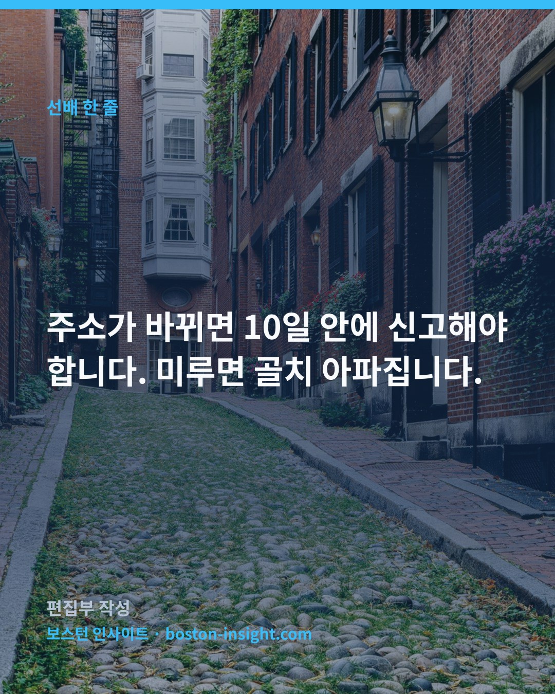 주소가 바뀌면 10일 안에 신고해야 합니다. 미루면 골치 아파집니다.
